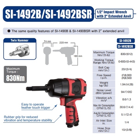 Súng vặn ốc đầu dài 1/2 Shinano SI-1492BSR