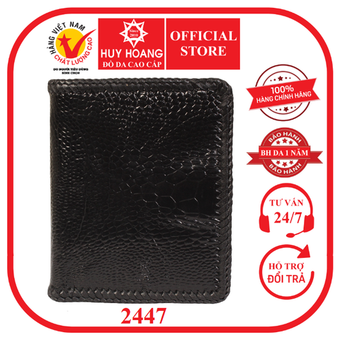 Bóp nam Huy Hoàng da đà điểu da trơn đan viền kiểu đứng màu đen HD2447