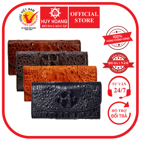 Bóp da cá sấu 3 gấp nguyên con vàng bò, đen, nâu đỏ, nâu đất HD3204-05-06-19