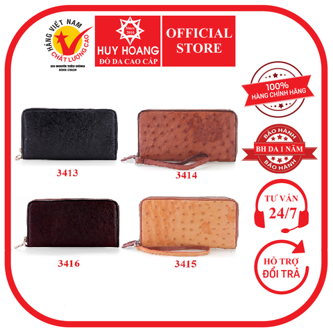 Ví nữ da đà điểu nhiều ngăn màu đen, nâu đỏ, nâu đất, vàng bò HD3413-14-15-16