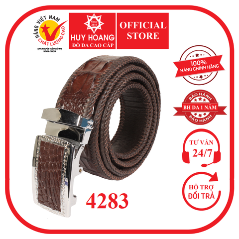 Dây nịt nam Huy Hoàng da cá sấu đan viền 3,5P gai màu nâu đất HD4283