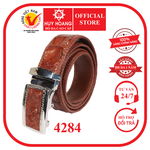 Dây nịt nam da cá sấu Huy Hoàng đan viền 3,5P gai màu nâu đỏ HD4284