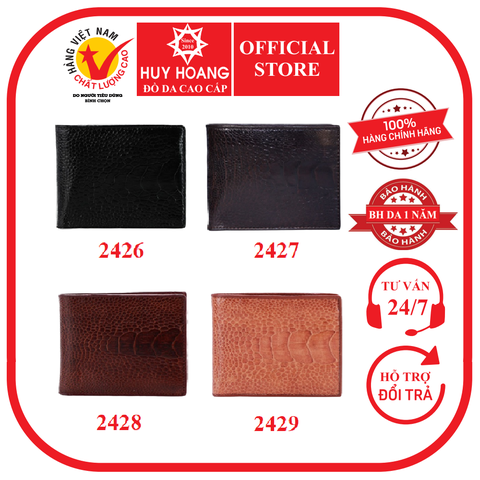 Ví nam da đà điểu da trơn màu đen, nâu đất, nâu đỏ, vàng bò HD2426-27-28-29