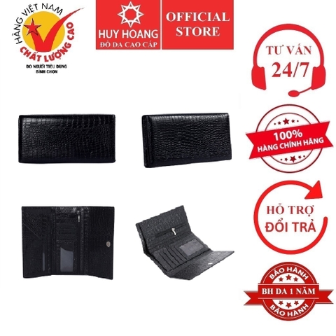 Ví nữ Huy Hoàng da bò vân cá sấu 3 gấp màu đen HD3106