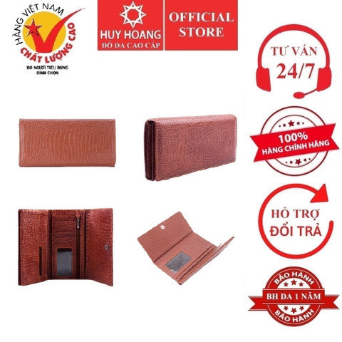 Ví nữ Huy Hoàng da bò vân cá sấu 3 gấp màu nâu HD3107