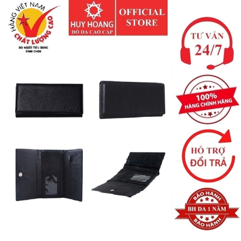Ví nữ da thật cao cấp Huy Hoàng 3 gấp màu đen HD3112