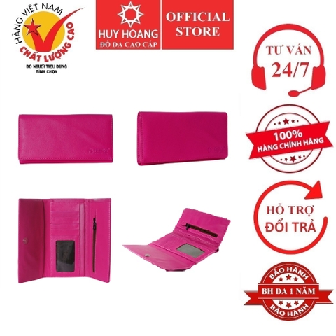 Ví nữ da thật cao cấp Huy Hoàng 3 gấp màu hồng HD3114