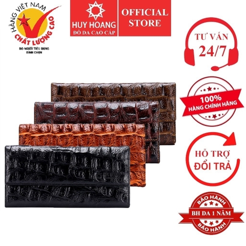 Ví nữ da bò vân cá sấu lớn 3 gấp màu da, đen, nâu đất, nâu đỏ, vàng bò HD3152-53-54-55