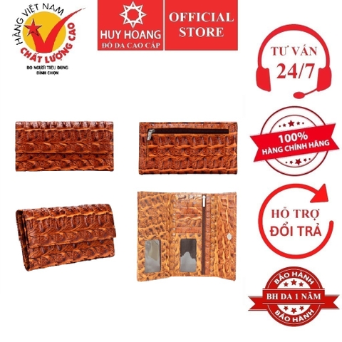 Ví nữ da bò vân cá sấu lớn 3 gấp màu vàng bò HD3155