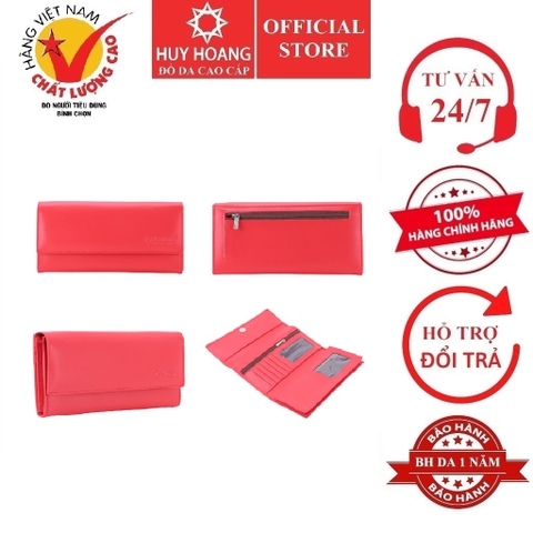Ví nữ da bò cao cấp Huy Hoàng 3 gấp màu đỏ tươi HD3164