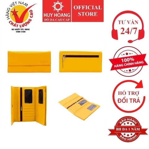 Ví nữ da bò cao cấp Huy Hoàng 3 gấp màu vàng HD3165