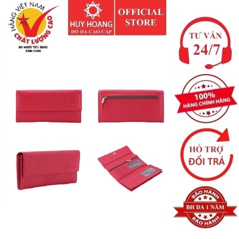 Ví nữ da bò cao cấp Huy Hoàng 3 gấp lửng màu đỏ đô HD3167