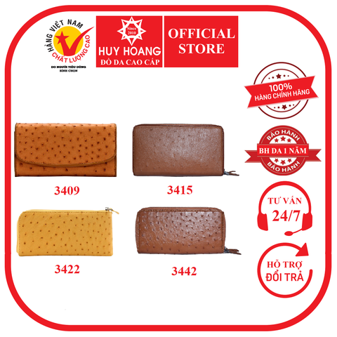 Ví nữ da đà điểu nhiều loại màu vàng bò HD3409-15-22-42