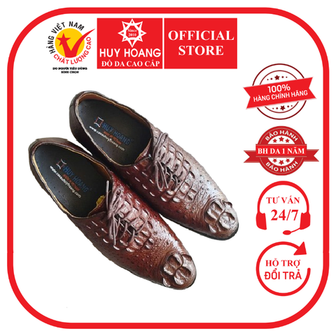 Giày tăng chiều cao da cá sấu Huy Hoàng cột dây màu nâu đất HD72001