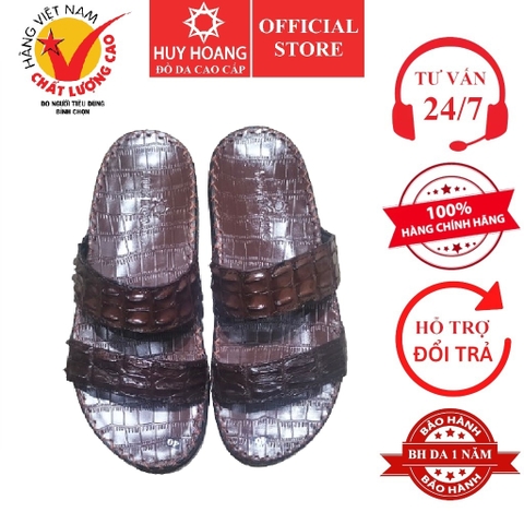 Dép nam Huy Hoàng da cá sấu 2 quai ngang màu nâu đất HD7289