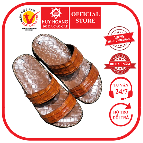 Dép nam Huy Hoàng da cá sấu 2 quai ngang màu vàng bò HD7290