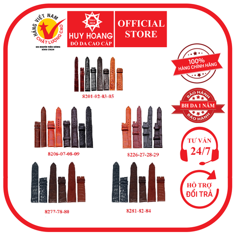 Dây đồng hồ da cá sấu nhiều size màu đen, nâu đất, vàng bò, nâu đỏ HD8201-06-26-77-81