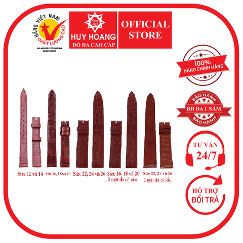 Dây đồng hồ da cá sấu nhiều size màu nâu đỏ HD8205-07-27-80-84