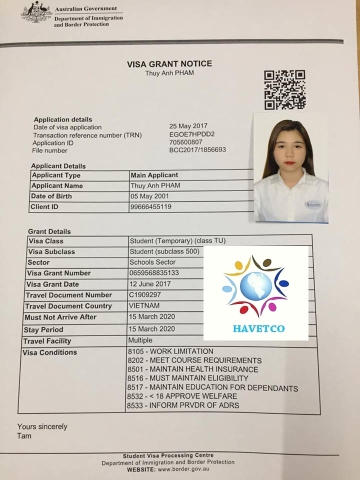 CHÚC MỪNG EM PHẠM THÙY ANH ĐÃ NHẬN ĐƯỢC VISA DU HỌC ÚC THÁNG 6/2017