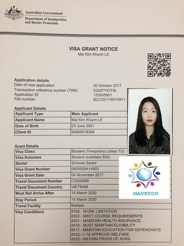 CHÚC MỪNG EM LÊ MAI KIM KHÁNH NHẬN VISA DU HỌC PHỔ THÔNG TẠI ÚC