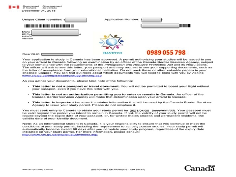 THƯ BÁO VISA CANADA DU HỌC ĐÃ VỀ - CHÚC MỪNG EM NGUYỄN ĐỨC VƯỢNG