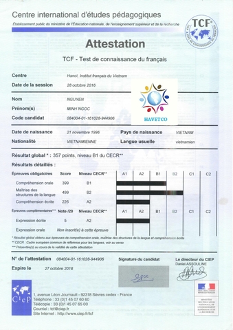 KẾT QUẢ TCF CỦA EM VŨ MINH NGỌC