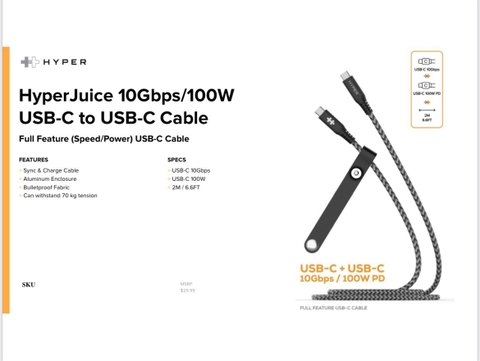 CÁP USB-C TO USB-C 2M HYPERDRIVE DATA & CHARGING 10GBPS + 100W