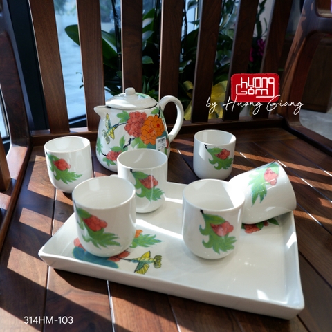 Bộ Bình trà. khay chữ nhật to chim hoa