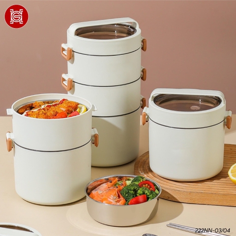 Set cơm inox tầng màu trắng 2 tầng túi