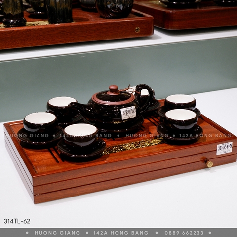 Bộ ấm chén vuốt nâu mật lòng trắng