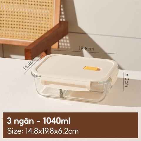 HBV Hộp thủy tinh chữ nhật 3 ngăn 1040ml