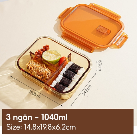 Hộp thủy tinh Crisper chữ nhật 3 ngăn 1040ml