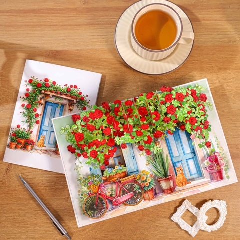 Charming Rose Cottage Pop-Up Card – A Blooming Garden Full of Warmth and Elegance