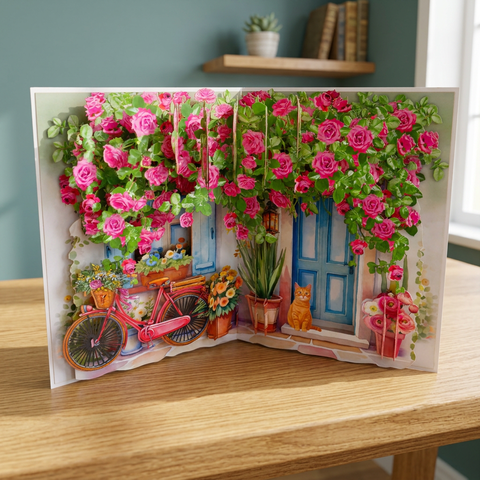 3D Pop Up Flower Garden Greeting Card – Romantic Door & Rose Design