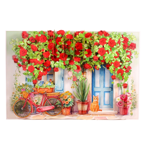 Charming Rose Cottage Pop-Up Card – A Blooming Garden Full of Warmth and Elegance