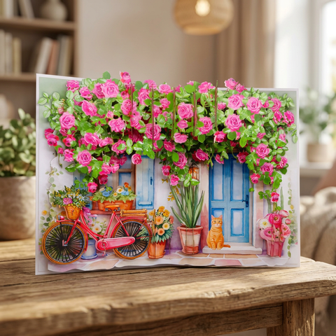 3D Pop Up Flower Garden Greeting Card – Romantic Door & Rose Design