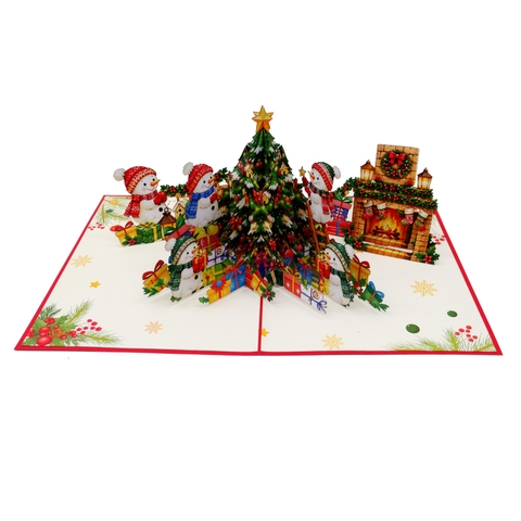 3D Pop Up Christmas Greeting Card – Christmas Tree and Snowman Village