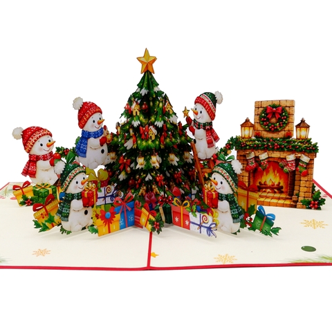 3D Pop Up Christmas Greeting Card – Christmas Tree and Snowman Village