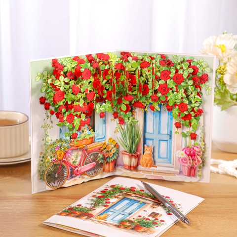 Charming Rose Cottage Pop-Up Card – A Blooming Garden Full of Warmth and Elegance