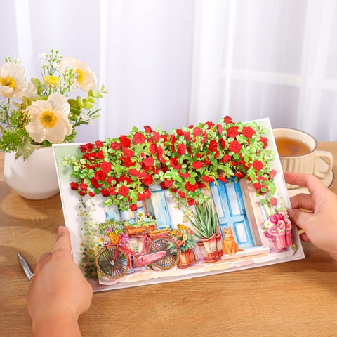 Charming Rose Cottage Pop-Up Card – A Blooming Garden Full of Warmth and Elegance