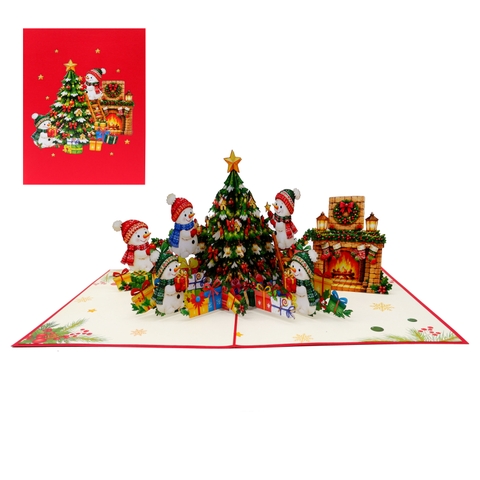 3D Pop Up Christmas Greeting Card – Christmas Tree and Snowman Village