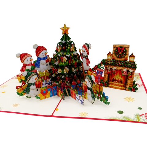 3D Pop Up Christmas Greeting Card – Christmas Tree and Snowman Village