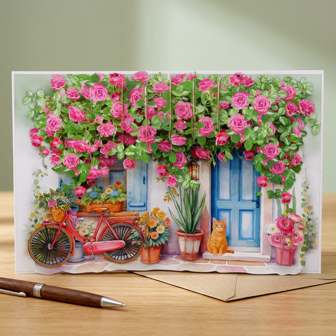 3D Pop Up Flower Garden Greeting Card – Romantic Door & Rose Design