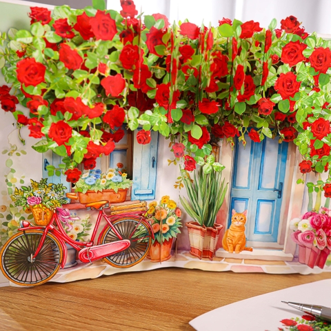 Charming Rose Cottage Pop-Up Card – A Blooming Garden Full of Warmth and Elegance