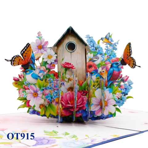 Blue Birds Nest Flowers Butterfly Pop Up Card