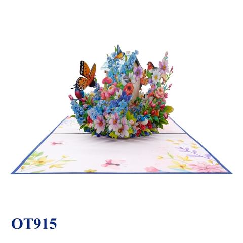 Blue Birds Nest Flowers Butterfly Pop Up Card