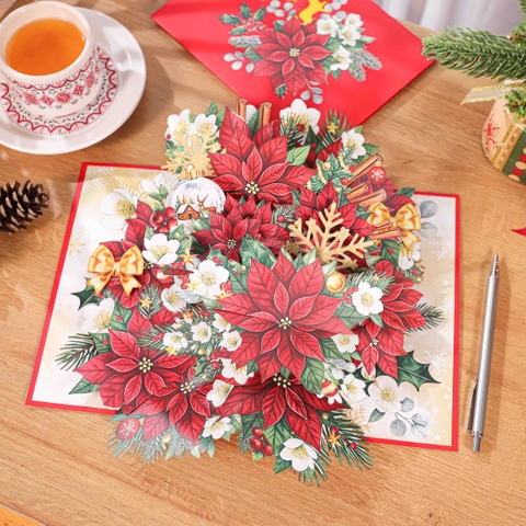 Luxury Christmas Poinsettia Pop-Up Card – Handmade 3D Greeting Cards from Vietnam