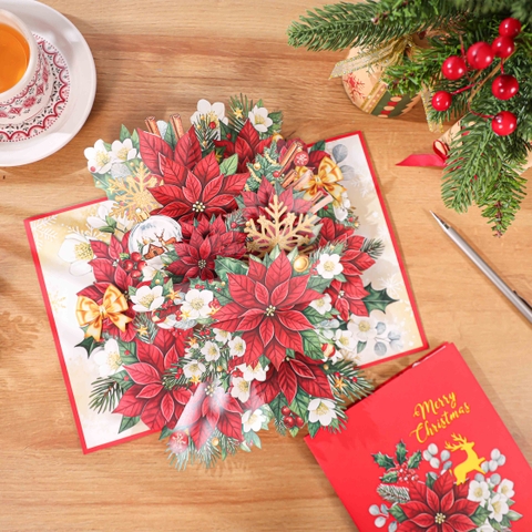 Luxury Christmas Poinsettia Pop-Up Card – Handmade 3D Greeting Cards from Vietnam