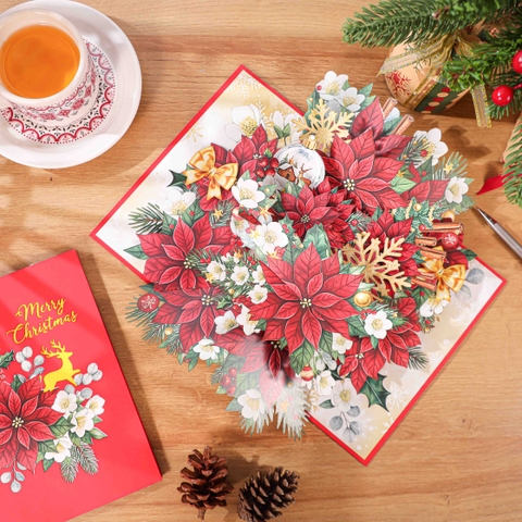 Luxury Christmas Poinsettia Pop-Up Card – Handmade 3D Greeting Cards from Vietnam