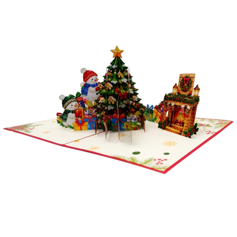3D Pop Up Christmas Greeting Card – Christmas Tree and Snowman Village
